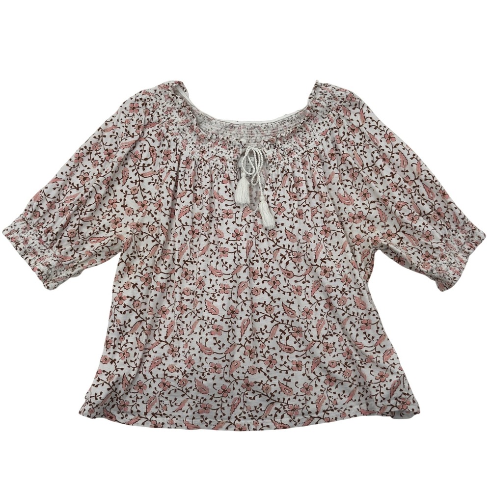 Lucky Brand Womens Floral Peasant Top LRG White Pink Tie Front Tassel Cotton